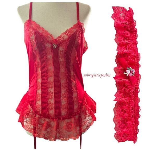 VINTAGE Nan FLOWER Red Lace Lingerie With Red Lace Garter - Picture 1 of 8